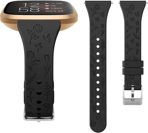 Tobfit Slim Floral Engraved Band Compatible with Fitbit Versa Bands for Women, Silicone Sport Fancy Flower Design Cute Tulips Replacement Wristbands Straps for Fitbit Versa Lite/SE (2 Pack) in Saudi Arabia