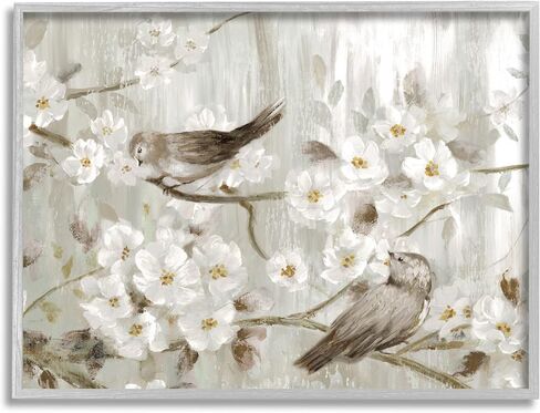 Stupell Industries Birds on Spring Blossom Tree Branches Farmhouse Painting, Designed by Nan Gray Framed Wall Art, 14 x 11, Grey in Saudi Arabia