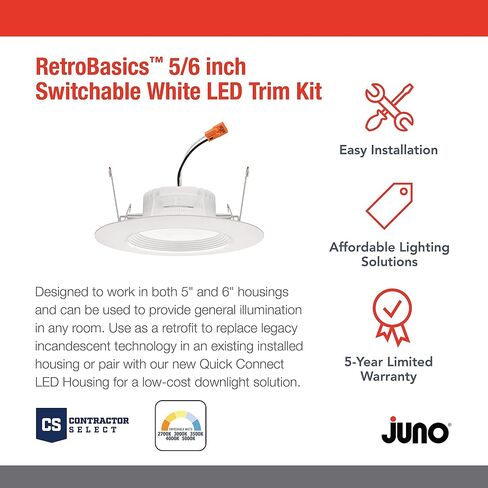 Juno RB56 SWW5 CP6 MW M2 RetroBasics Downlight Trim Kit, Switchable LED White, Baffle Trim, Switchable CCT, 2700K, 3000K, 4000K, and 5000K, 5- to 6-Inch, 6-Pack, Matte White in Saudi Arabia