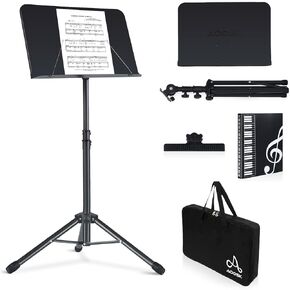 AODSK Sheet Music Stand,2 in 1 Dual-Use Folding Sheet Music Stand & Desktop Book Stand with Portable Carrying Bag & Music Sheet Clip Holder & Sheet Music Book(Black) (AS-M55)