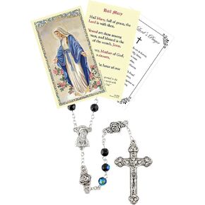 Madonna Rosary - with Hail Mary Prayer Card, Lord's Prayer Card | Rosebud Black Madonna Rosary with Madonna Centerpiece and Crucifix | Rosary Beads Catholic For Women and Men | Set of 3 Items