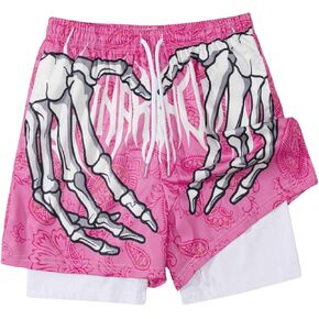 GORGLITTER Men's Skull-Hand Graphic Basketball Shorts with Liner 2 in 1 Drawstring Waist Workout Athletic Shorts