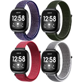 Sport Loop Nylon Band Compatible with Fitbit Versa 4/Fitbit Versa 3 Bands/Fitbit Sense 2/Fitbit Sense, Adjustable Rugged Velcro Replacement Wristband Strap for Men Women(4 Pack)