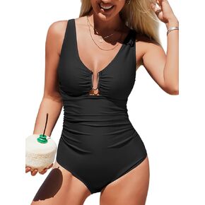 Charmo One Piece Swimsuit Cutout Bathing Suit for Women Slimming Ruched 1 Piece Swim Suit Deep V Neck Monokini Swimwear