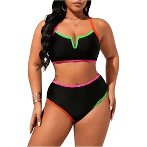 MakeMeChic Women's Plus Size Bikini Set Contrast Binding High Waist Bikinis Swimsuit Bathing Suit