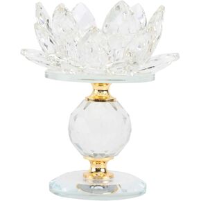 Garneck Crystal Lotus Candle Tealight Holder Glass Candle Lamps Holder Night Light Candlestick Stand Buddhist Figurine for Home Wedding Decoration Tansparent
