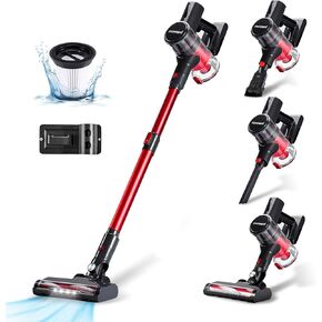 Cordless Vacuum Cleaner, 4 in 1 Lightweight Powerful Stick Vacuum, with LED Display, 150W, 16Kpa, 1L Large Dust Cup, Vacuum Cleaners for Hardwood Floor Carpet Car Pet - Black/Red