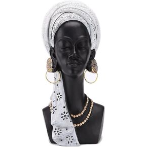 BRASSTAR Resin African Black Bust Statue Black Woman Wore White Turban 11.8''(H) Modern Art Living Room Desktop Bookcase Entrance Decor TQGJPT506