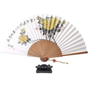 z-1 Korean Hand Painted Folding Traditional Fan Chrysanthemum Painting 국화 전통 부채 Wooden Asian Oriental Wall Deco Handheld Decorative Fan with Stand