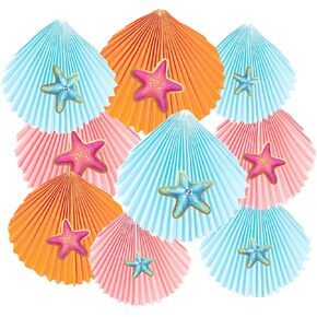 9 PCS Under The Sea Party Deorations Blue and Pink Hanging Paper Fans Sea Animals Birthday Decorations Beach Theme Mermaid Ocean Shell Starfish Birthday Baby Shower Party Decorations