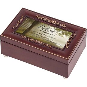 Cottage Garden Believe Faith is Hope Embossed Petite Rosewood Jewelry Music Box Plays Canon in D