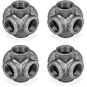 3/4" Black 6-Way Side Outlet Tee, Home TZH Malleable iron Pipe Fittings for Industrial vintage style, Flanges with Threaded Hole for DIY Project/Furniture/Shelving Decoration (4, 3/4"(Black))