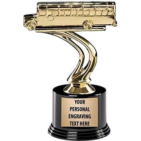 Crown Awards School Bus Trophies with Custom Engraving, 6" Personalized Gold School Bus Trophy On Deluxe Round Base Prime