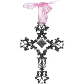 Cathedral Art (Abbey & CA Gift Bless This Child Pink Ribbon Baby Cross, 5-Inch High, Silver