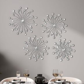 Lingvee 4 Pcs Metal Rhinestones Sunburst Wall Decor 3D Wall Decor Silver Metal Jeweled Wall Art Bling Crystal Home Decorative Metal Wall Art for Living Room for Living Room(14",Line)