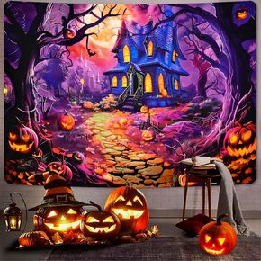 Uspring Halloween Tapestry Pumpkin Wall Tapestry Horror Forest Tapestries Moon Night Castle Wall Art Bat Skull Tapestry Wall Hanging for Halloween Decorations Indoor (51.2 x 59.1 inches, Blue)