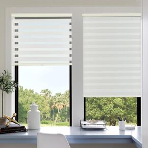 Zebra Blinds Free Stop（ 46" W x 72" H, White ） Light Filtering Thermal Insulated Roller Blinds Cordless, Room Darkening Treatments Dual Layer Sheer Shades for Home Office