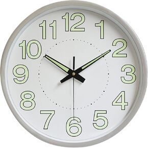 12 Inch Wall Clock, Glow in The Dark Wall Clock Silent Non Ticking Wooden Wall Clocks, Luminous Decorative Wall Clock Minimalist Round Quartz Clock for Bedroom Living Room Decoration(Silver)