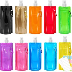 10 Pack Collapsible Water Bottles,Reusable Drinking Water Bags with Carabiner Clip,480ml Travel Water Bottle,Leak Proof Water Bottles for Camping,Hiking Travel,Gym,Sports,Biking,BPA Free