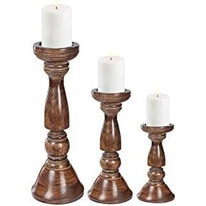حامل شموع خشبي، حامل شموع، حامل شموع خشبي، حامل شموع عمود، حاملات شموع طويلة، حامل شموع المزرعة، مجموعة حامل شموع مكونة من 3 قطع، حامل شموع عمود خشبي، الارتفاع (16+14+12) بوصة محروقة in Kuwait