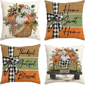 AVOIN colorlife Fall Pumpkin Truck Sunflowers Home Sweet Home Throw Pillow Covers, 18 x 18 Inch Autumn Thankful Grateful Blessed Harvest Floral Decorations for Sofa Couch Set of 4