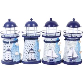 KESYOO ديكور بحري 4 قطع منارة بحرية حامل شموع حامل شمع على طراز البحر الأبيض المتوسط ​​حامل شمعدان معدني للمنزل والمقهى وديكور المنارة الزرقاء in Kuwait