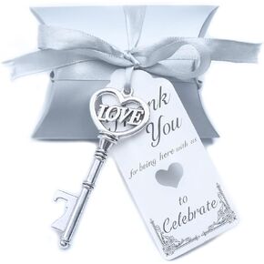 Aokbean 50pcs Skeleton LOVE Key Bottle Openers Pillow Candy Box Escort Thank You Tag Ribbon Wedding Favors Souvenir Gift for Guest Bulk (Antique Silver)
