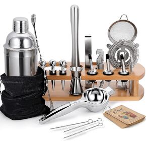 24-Piece Cocktail Shaker Bartender Kit with Stand, 24 oz Martini Shaker, Mixing Spoon, Muddler, Measuring Jigger, Lemon Squeez, Tongs, Corkscrew, Liquor Pourers and More Professional Bar Tools