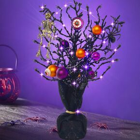 Black Halloween Table Tree Decorations, 18in Lighted Small Halloween Tree with Skulls/Eyeballs/Spiders/ 10Ft Purple Lights String, Mini Halloween Christmas Tree for Indoor Mantel Home Decor