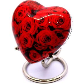 eSplanade Brass Mini Cremation Urn Heart-Shaped Keepsake Memorial Jar Pot Container | Small Urn with Stand for Funeral Ashes Burial | Red Roses Printed Keepsake | Red - 2.75" Inches
