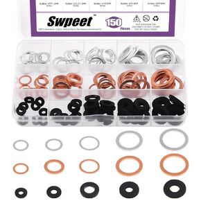 Swpeet 150Pcs 3 Materials Red Copper Aluminum Rubber M10 M12 M14 M16 M18 Oil Drain Plug Gasket Flat Washers Crush Washer Gasket Seal Assortment Kit, Rubber Vibration Damping Pads Sealing Washers
