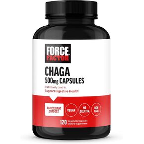FORCE FACTOR Chaga Mushrooms Capsules, Mushroom Supplement to Support Gut Health and Digestion, Made from Real Mushrooms, Vegan, Non-GMO, 120 Capsules