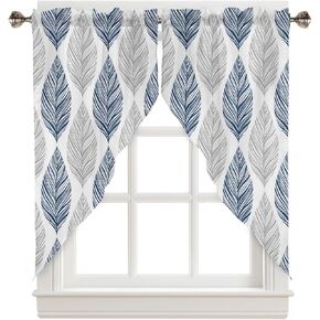 Leaf Swag Valance Curtains Grey and Navy Blue Olive Texture Watercolor Hand Drawn Rod Pocket Kitchen Curtains Scalloped Window Treatment Valances Swag Curtains for Living Room, 1 Pair, 28"W x 36"L