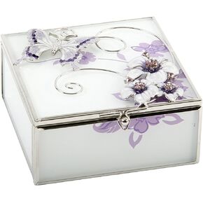 Glass Square Trinket Box Purple Butterfly Flowers and Diamantes