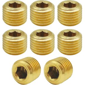 8 Pack Brass Hex Counter Sunk Pipe Plug, 1/4 Inch NPT Male Pipe Fitting Kit,Use for the Ends of 1/4 Pipe carry water, Internal Hex Socket Thread Socket Pipe Plug, gas, oil
