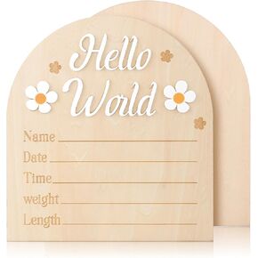 Baby Announcement Sign, Cute Wooden Hello World Sign Daisy Newborn Welcome Sign Birth Announcement Sign Baby Name Plaque for Hospital Baby Shower Photo Prop Home Decoration