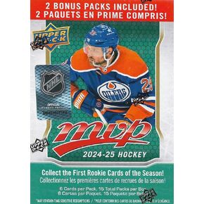 2024 2025 Upper Deck M V P Hockey Series صندوق مكبر غير مفتوح مكون من 15 حزمة مع فرصة للمبتدئين بالإضافة إلى بطاقات اختيار المسودة رقم 1 ونصوص ذهبية حصرية من Blaster