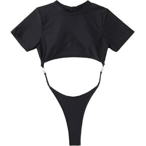 OYOANGLE Women's One Piece Swimsuits Cut Out Short Sleeve Mock Neck Tie Backless High Cut Solid Swimwear