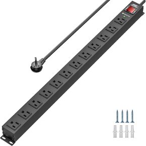 CRST 12-Outlet Long Power Strip with Flat Plug,Metal Mountable Heavy Duty Surge Protector Power Strip 15Ft Cord,2100 Joules Wide Spaced Outlets for Industrial Garage Commercial(15A/1875W)