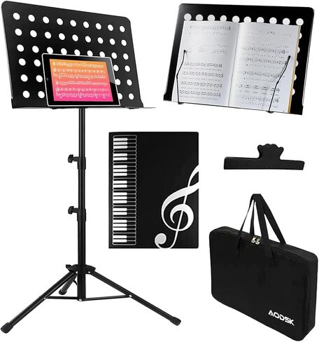 AODSK Sheet Music Stand,2 in 1 Dual-Use Folding Sheet Music Stand & Desktop Book Stand with Portable Carrying Bag & Music Sheet Clip Holder & Sheet Music Book(Black) (AS-M55) in Saudi Arabia