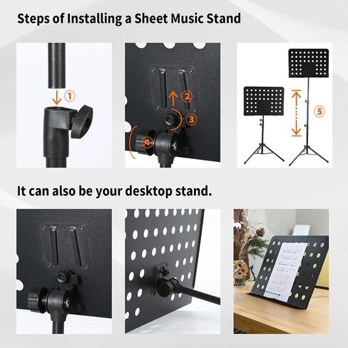 AODSK Sheet Music Stand,2 in 1 Dual-Use Folding Sheet Music Stand & Desktop Book Stand with Portable Carrying Bag & Music Sheet Clip Holder & Sheet Music Book(Black) (AS-M55) in Saudi Arabia