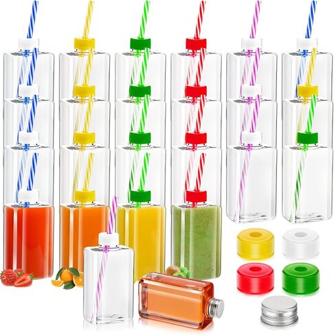 Yinkin 24 Set 10 oz Plastic Juice Bottles with Lids and Straws Clear Square Juice Bottles with Colorful Hole Lids Reusable Beverages Containers for Juicing Smoothie Tea Birthday Party Colorful Gifts in Saudi Arabia