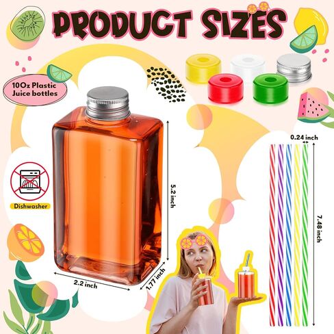 Yinkin 24 Set 10 oz Plastic Juice Bottles with Lids and Straws Clear Square Juice Bottles with Colorful Hole Lids Reusable Beverages Containers for Juicing Smoothie Tea Birthday Party Colorful Gifts in Saudi Arabia