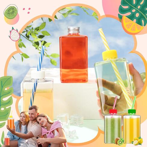 Yinkin 24 Set 10 oz Plastic Juice Bottles with Lids and Straws Clear Square Juice Bottles with Colorful Hole Lids Reusable Beverages Containers for Juicing Smoothie Tea Birthday Party Colorful Gifts in Saudi Arabia