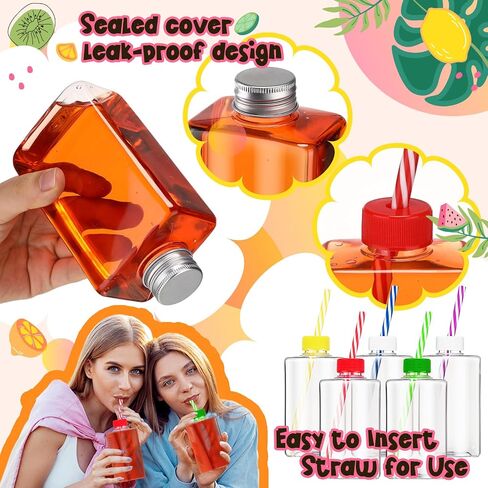 Yinkin 24 Set 10 oz Plastic Juice Bottles with Lids and Straws Clear Square Juice Bottles with Colorful Hole Lids Reusable Beverages Containers for Juicing Smoothie Tea Birthday Party Colorful Gifts in Saudi Arabia