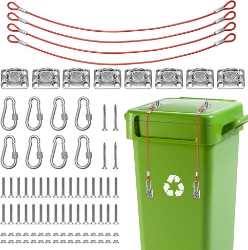 سلة المهملات قفل 4 حزمة، يمكن قفل القمامة للحيوانات تتوقف عن البحث عن سلة المهملات شديدة التحمل، قفل غطاء معدني عالمي لعلب القمامة في الهواء الطلق مع حبل سلك مطلي بالنايلون in Kuwait