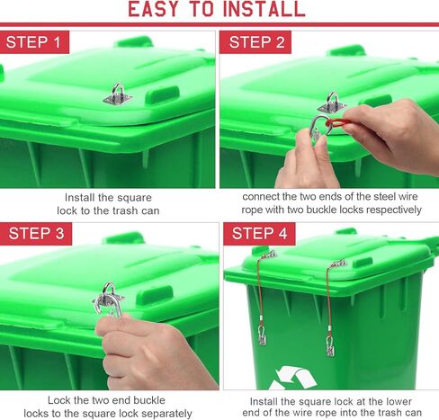 سلة المهملات قفل 4 حزمة، يمكن قفل القمامة للحيوانات تتوقف عن البحث عن سلة المهملات شديدة التحمل، قفل غطاء معدني عالمي لعلب القمامة في الهواء الطلق مع حبل سلك مطلي بالنايلون in Kuwait