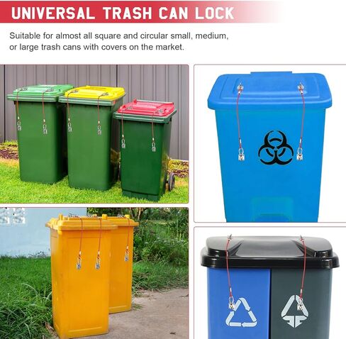 سلة المهملات قفل 4 حزمة، يمكن قفل القمامة للحيوانات تتوقف عن البحث عن سلة المهملات شديدة التحمل، قفل غطاء معدني عالمي لعلب القمامة في الهواء الطلق مع حبل سلك مطلي بالنايلون in Kuwait