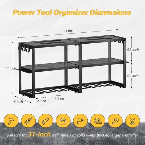 Heavy Duty Metal Power Tool Organizer, 8 Drill Bit Holders Wall Mount, Easy to Install Garage Tool Rack with Pliers and Hammer Holders for Workshop, Shed and Garage Organization Storage - Green in Saudi Arabia