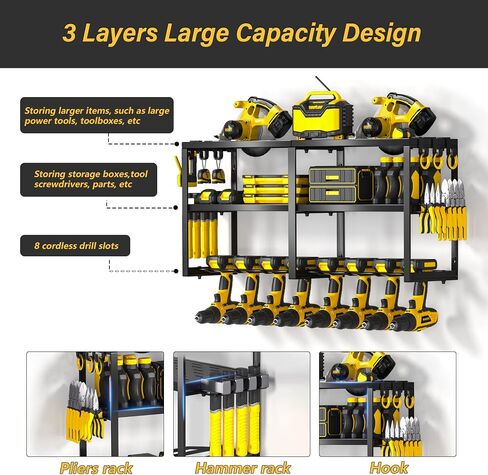 Heavy Duty Metal Power Tool Organizer, 8 Drill Bit Holders Wall Mount, Easy to Install Garage Tool Rack with Pliers and Hammer Holders for Workshop, Shed and Garage Organization Storage - Green in Saudi Arabia